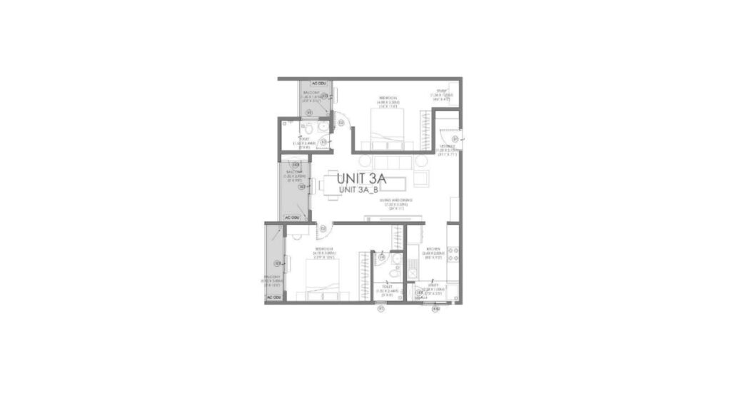 2 BHK floor plan layout at Prestige Tellapur showing room dimensions.