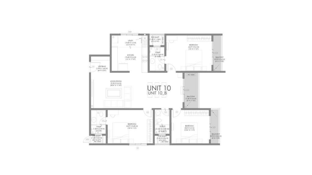 3 BHK floor plan layout at Prestige Tellapur showing spacious room arrangement.